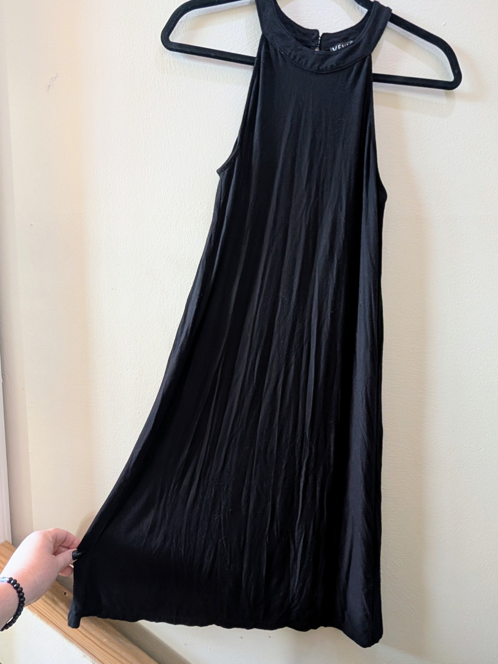 VENUS Size M Solid Black Knit Rayon Swing Dress Halter Sleeveless Button Back